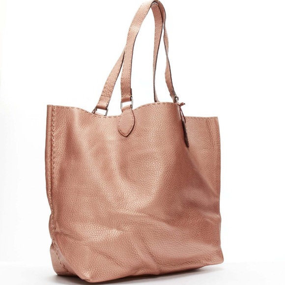 FENDI Selleria metallic rose bronze grained leather signature stitch tote bag - Picture 1 of 8